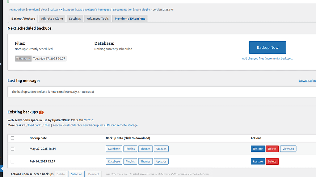 Updraftplus Dashboard